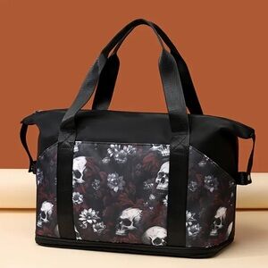 Black Skull Print Travel Bag, Floral Skull Duffle Bag, Skull Gym Bag, Skull Bag
